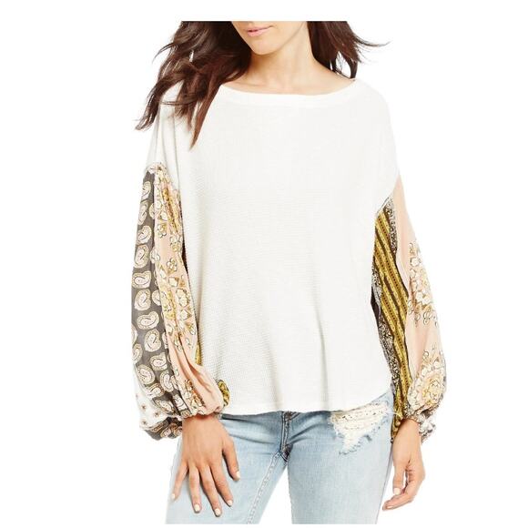 We The Free Blossom Printed Balloon-Sleeve Thermal Long Sleeve Top Medium Boho - Picture 1 of 5